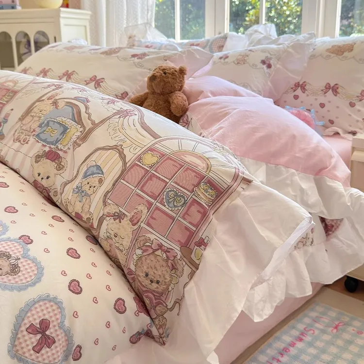 公主风洛丽塔甜梦小熊花边床上四件套纯棉100%全棉被套床单可裸睡