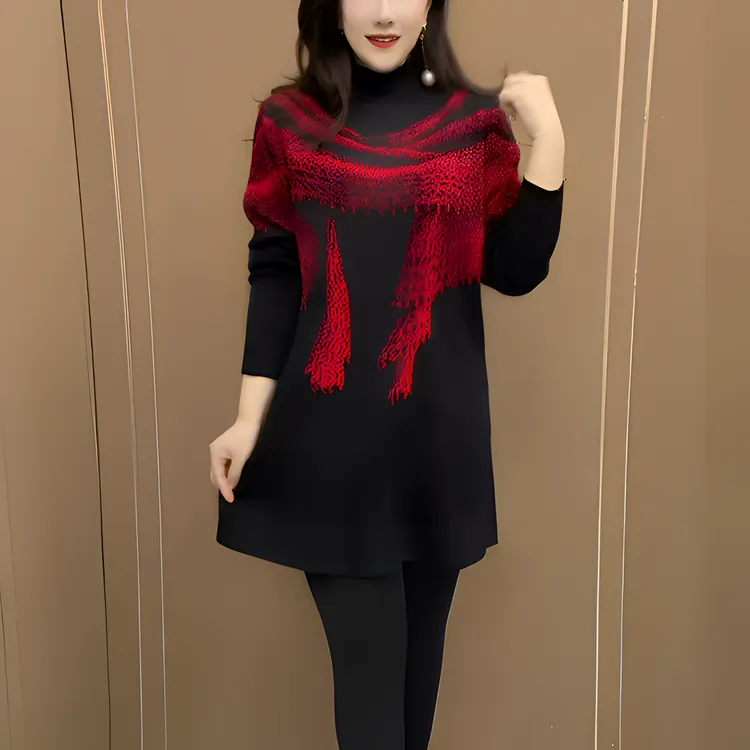 高档设计印花妈妈针织衫冬季新款时尚女士高档加厚保暖中长款毛衣