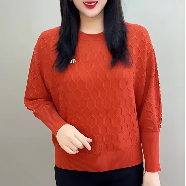 2025高档时尚妈妈洋气毛衣阔太太高档气质拼接珍珠蝙蝠袖针织衫