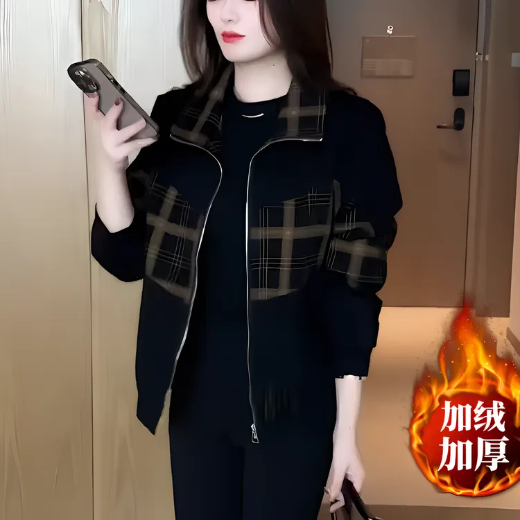 冬季新款时尚中年女加绒保暖外套气质减龄休闲拉链polo领女装