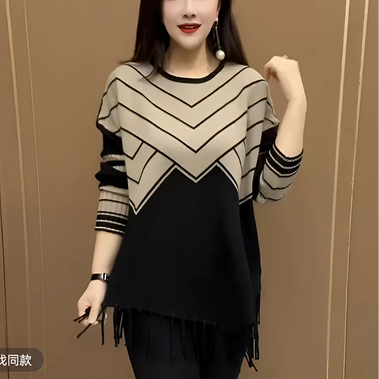 时尚妈妈中长款加厚毛衣2025冬季新款高档设计不规则拼接流苏上衣