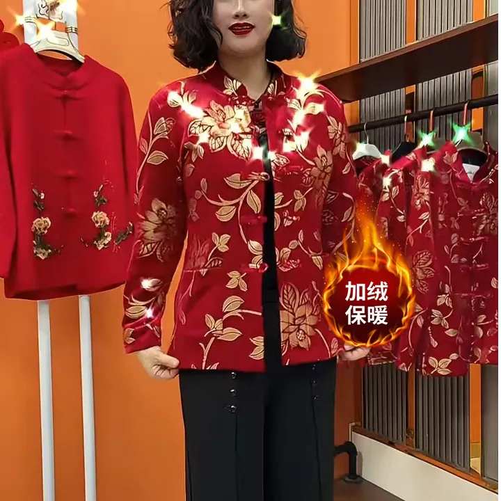 冬季新年款高档重工烫金休闲国风妈妈装外套时尚印花加绒保暖开衫