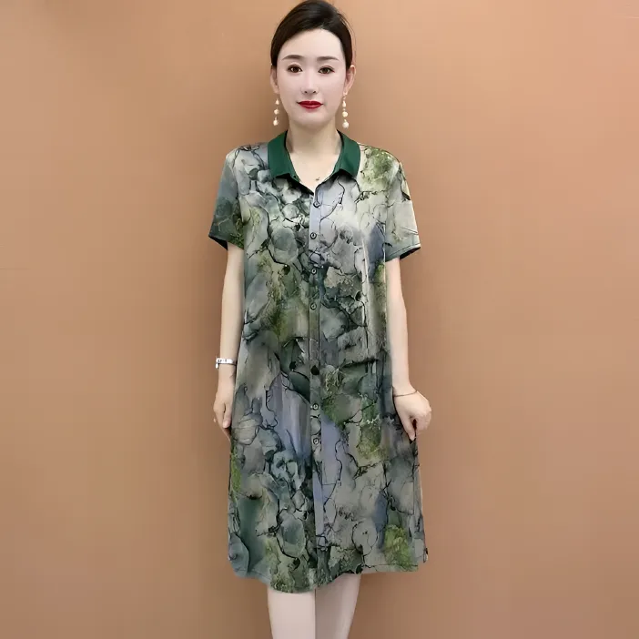 夏款短袖时尚印花女装连衣裙2025新款气质减龄洋气休闲遮肉妈妈装