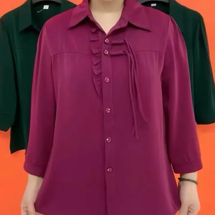 复古盘扣翻领百搭秋款衬衫2025新款宽松显瘦遮肚洋气木耳边妈妈装