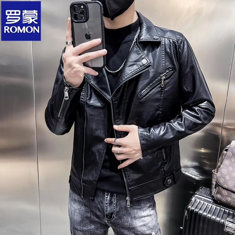 Romon/罗蒙正品男士皮衣外套春秋季时尚潮流潮牌帅气机车皮夹克 