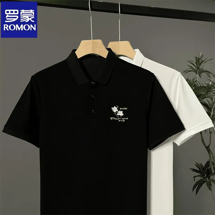 Romon/罗蒙花卉刺绣短袖Polo衫男士修身休闲商务百搭翻领修身T恤