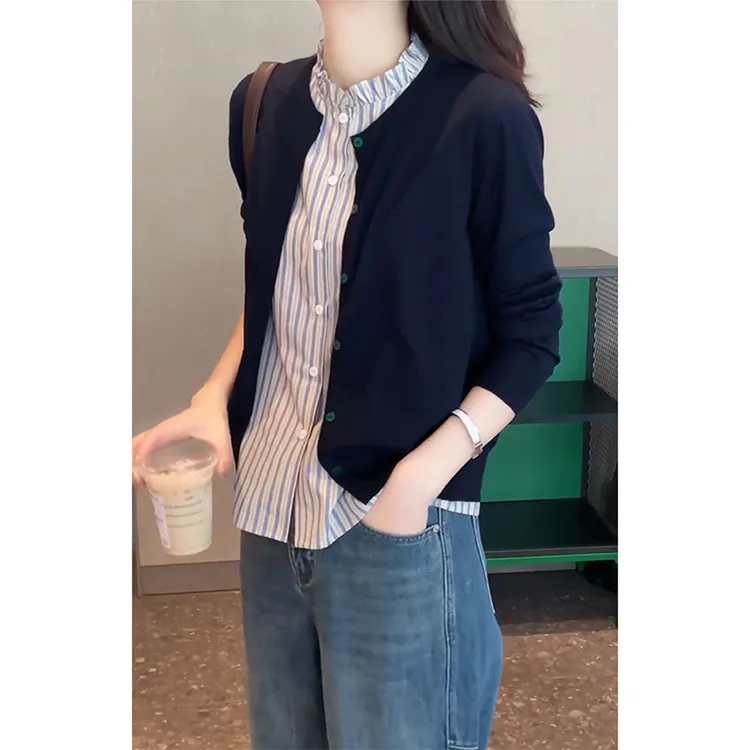 2025早秋新款盐系轻熟两件套装条纹无袖背心搭配开衫圆领针织罩衫