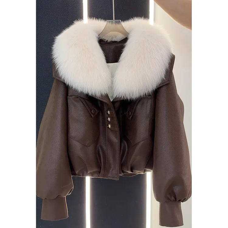 今年流行爆款欧韩货高端美拉德高级感棕色皮衣毛毛领加厚外套女冬