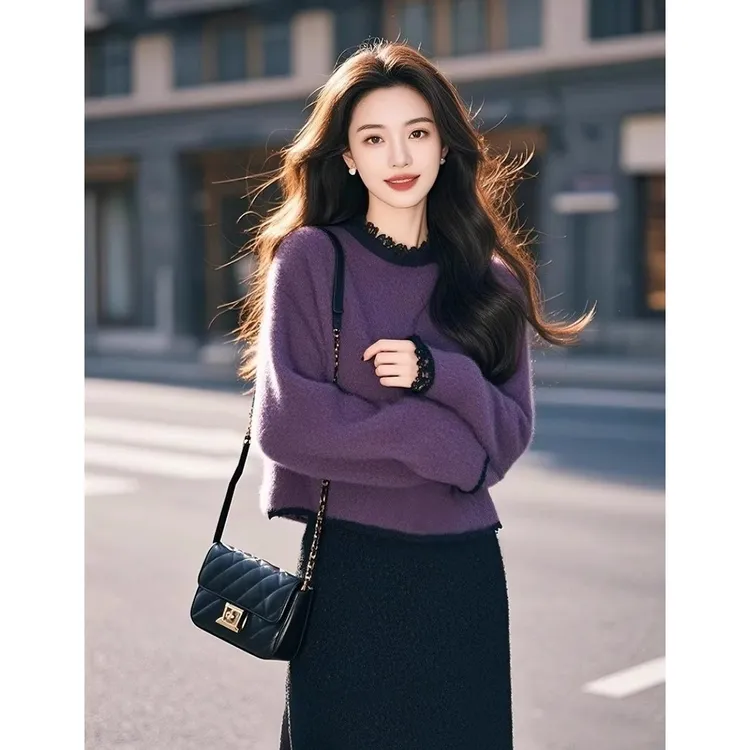 韩系独特漂亮小香风紫色套头针织毛衣女款2024新款冬季内搭打底衫