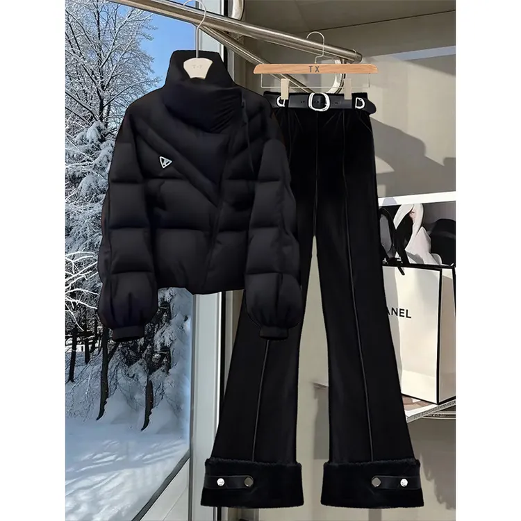 一整套初冬穿搭2024新款高级感立领棉服外套高腰微喇休闲裤两件套