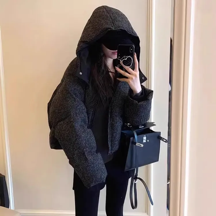 【现货】高级感炸街黑色短款棉服女冬季2025新款时尚洋气连帽外套女