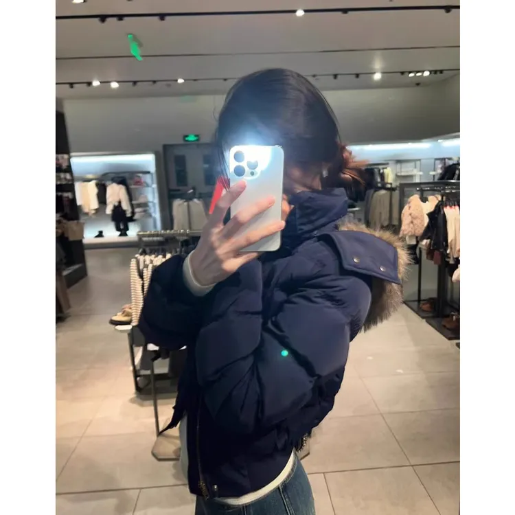 韩系短款藏青色气质连帽毛领棉服女冬季高级感保暖时尚面包服外套