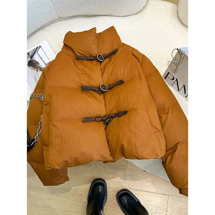 南瓜色高领棉服女2024新款冬季高级感超好看小个子短款面包服外套