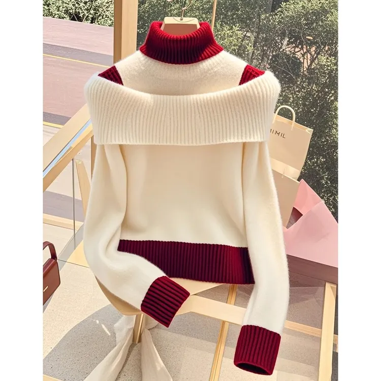 2024冬季小众别致设计气质高级杏色拼接毛衣百搭减龄撞色爆款上衣