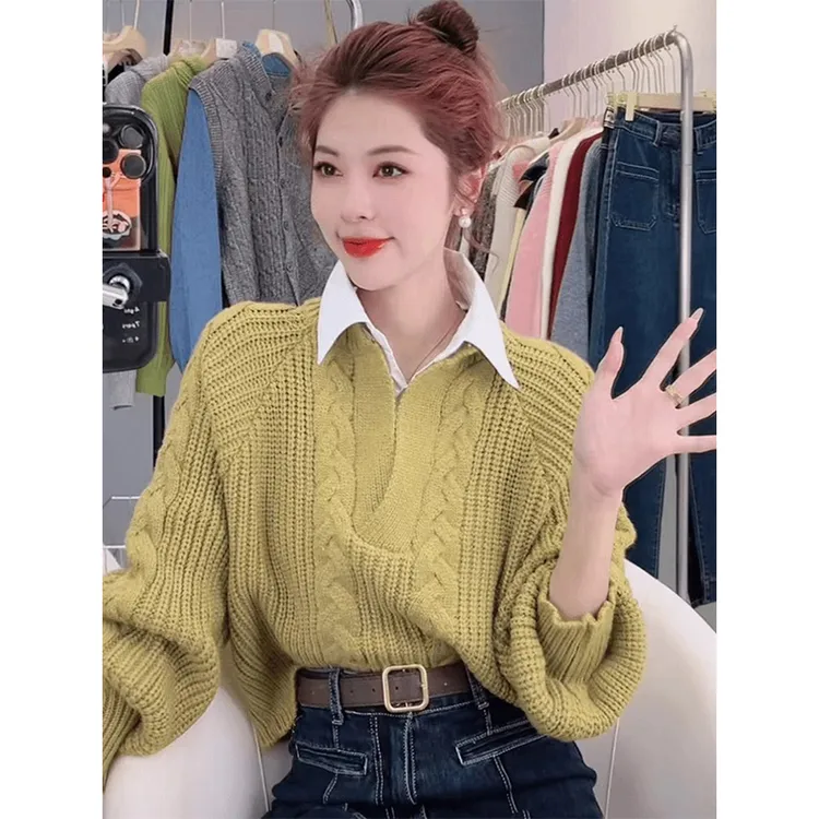 小众韩系毛衣针织衫女假两件polo领秋冬季打底衫宽松显瘦外穿上衣