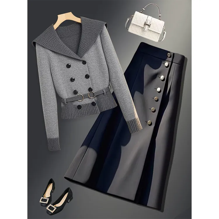 2025年早秋新款休闲时尚洋气减龄针织双排扣毛衣百搭半身裙两件套