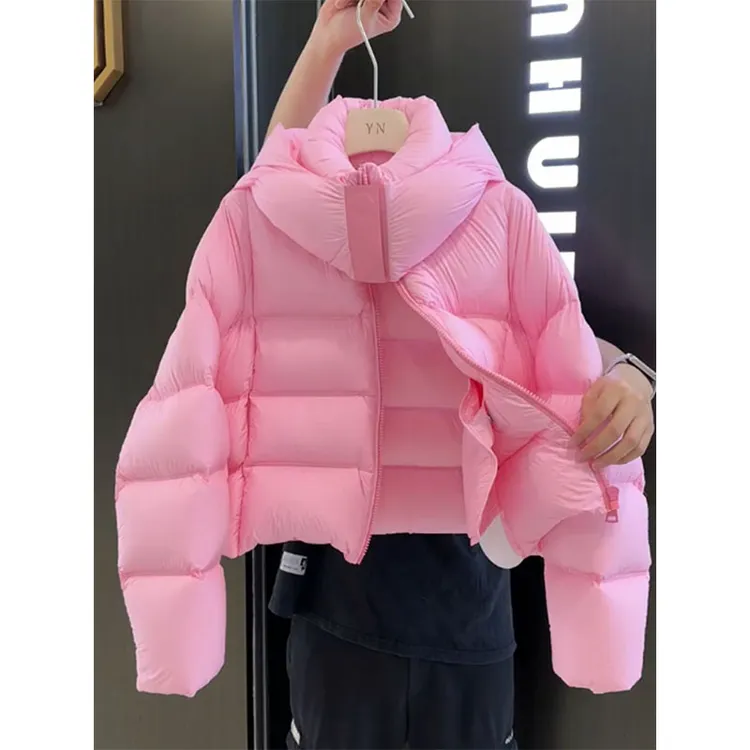 韩系超好看粉色短款棉服女冬季2024新款小个子连帽面包服厚外套潮