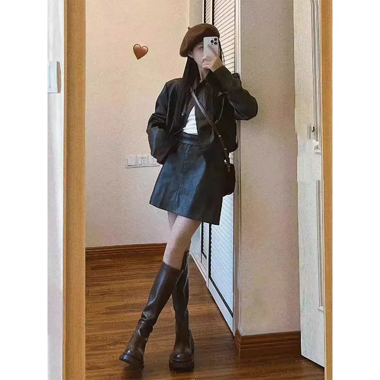 又a又飒套装女美式复古皮衣外套半身短裙两件套深冬装搭配一整套