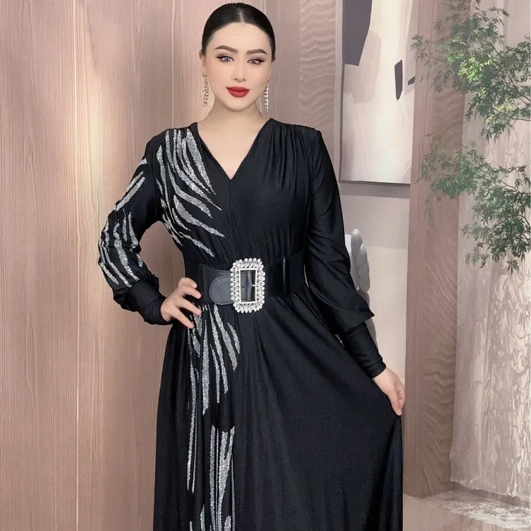 5076【妮拉专属】新款V领气质长款长袖拼接时尚女装连衣裙