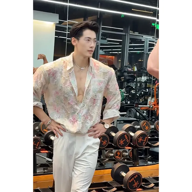 粉色镂空流苏碎花衬衫男夏季薄款潮牌高级感痞帅长袖衬衣外套