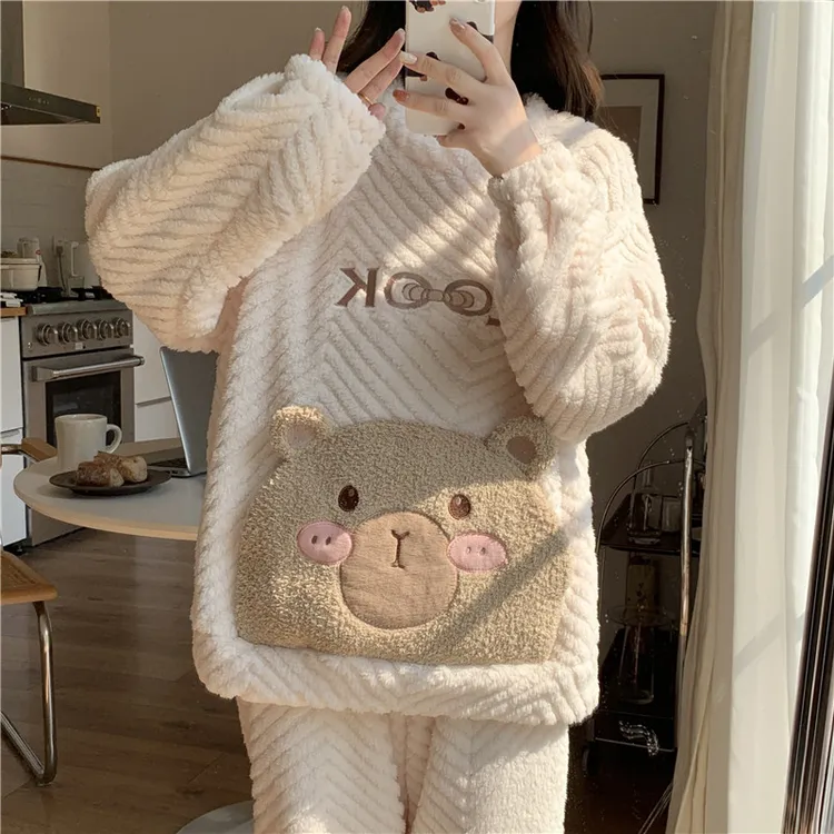 深惠南时尚秋冬新款睡衣女珊瑚绒法兰绒可爱卡通加厚保暖可外穿套