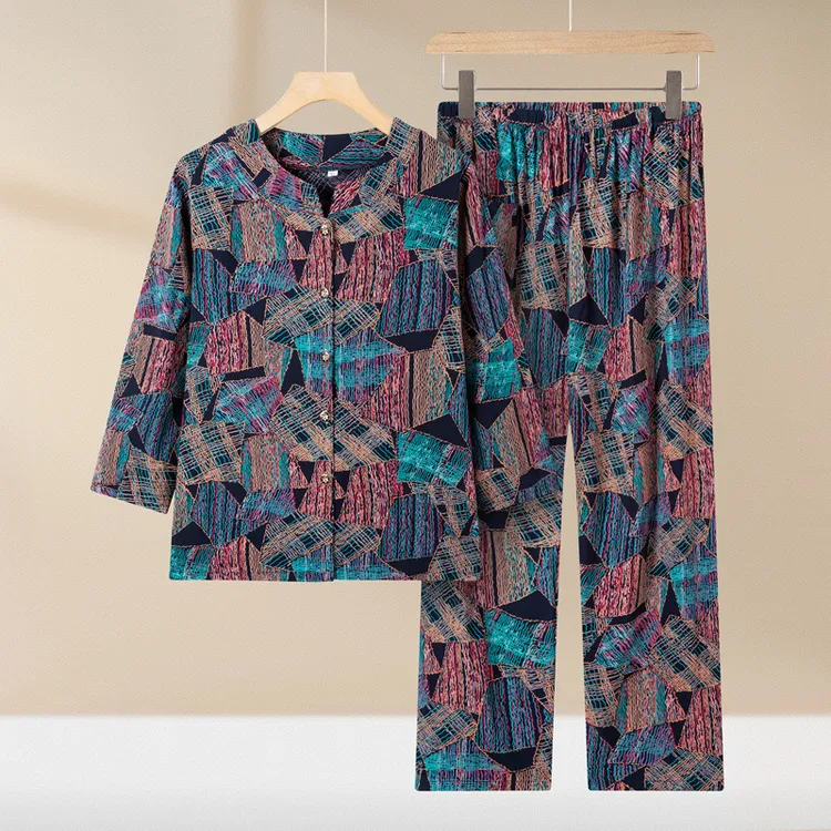 奶奶夏装棉绸两件套洋气女妈妈长袖开衫睡衣老太太人造棉套装