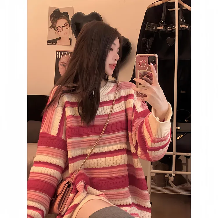 韩版秋冬慵懒风条纹撞色圆领针织毛衣复古软糯长袖宽松百搭女上衣