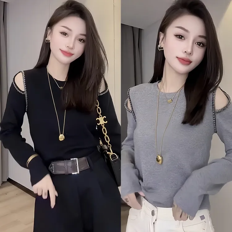 2025早秋新款长袖T恤女时尚气质镂空露肩显瘦洋气针织打底衫上衣