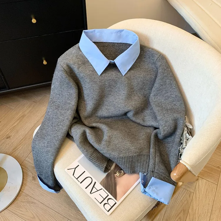 韩系撞色POLO领针织衫宽松百搭毛衣秋冬慵懒风假两件洋气减龄上衣