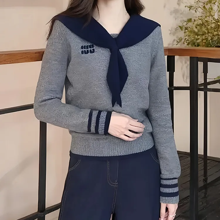 海军领假两件针织打底衫女秋冬季新款刺绣字母毛衣学院风长袖上衣