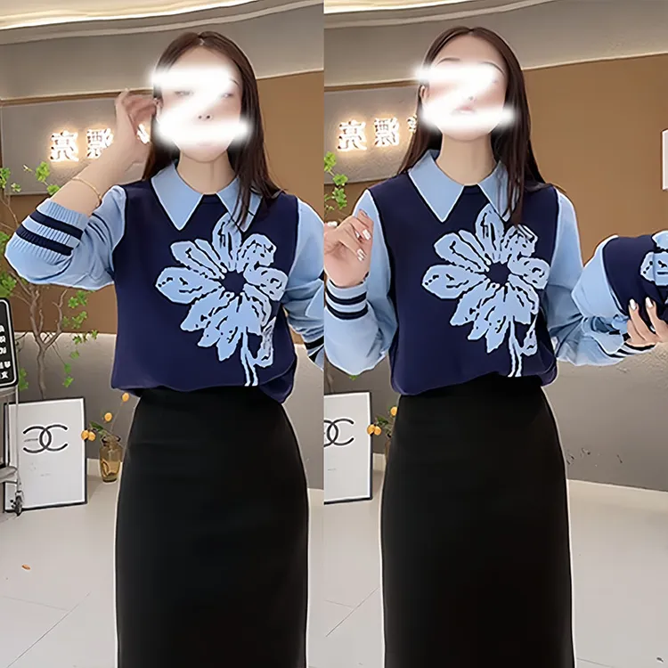 假两件拼接长袖针织衫女秋冬季新款提花法式Polo领洋气设计感上衣