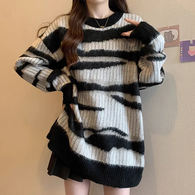 慵懒风欧货撞色条纹长袖针织衫毛衣女秋冬遮肚显瘦马海毛打底上衣