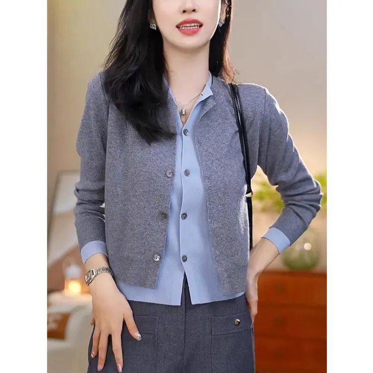 韩系假两件显瘦针织开衫女时尚新款高级感慵懒风宽松百搭气质毛衣