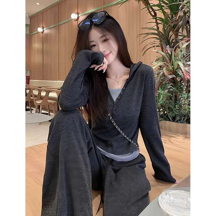 秋季休闲运动套装女时尚洋气连帽卫衣阔腿裤跑步高级感两件套Z025