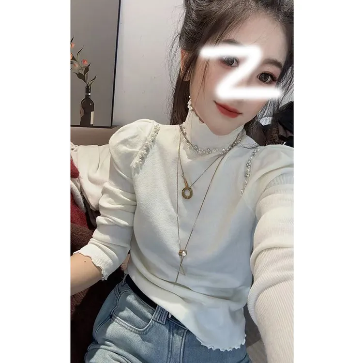 秋冬新款时尚木耳边高领钉珠针织打底衫女款显瘦百搭长袖毛衣修身