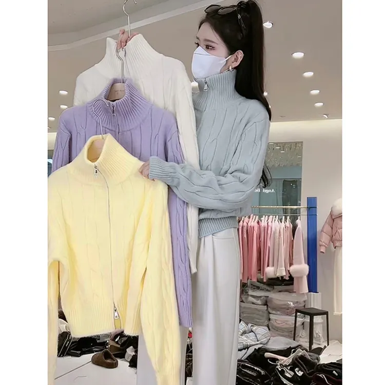 韩系高领开衫麻花软糯毛衣女款秋冬季时尚慵懒风针织衫女上衣外套