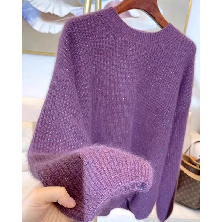 3086欧货秋季慵懒风亮丝毛衣宽松百搭洋气打底针织衫长袖重工设计