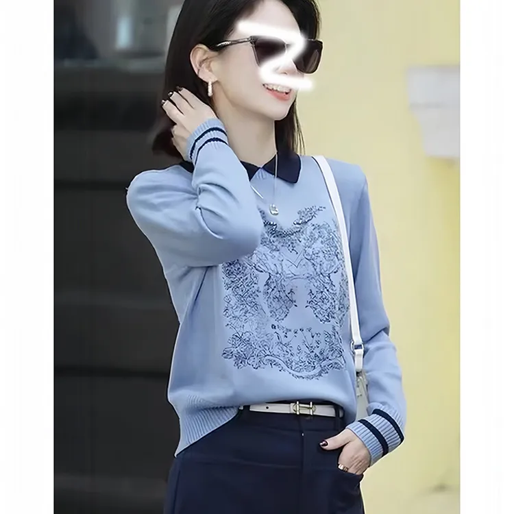 撞色刺绣蝴蝶结套头POLO领针织衫时尚气质毛衣女秋冬宽松百搭时髦