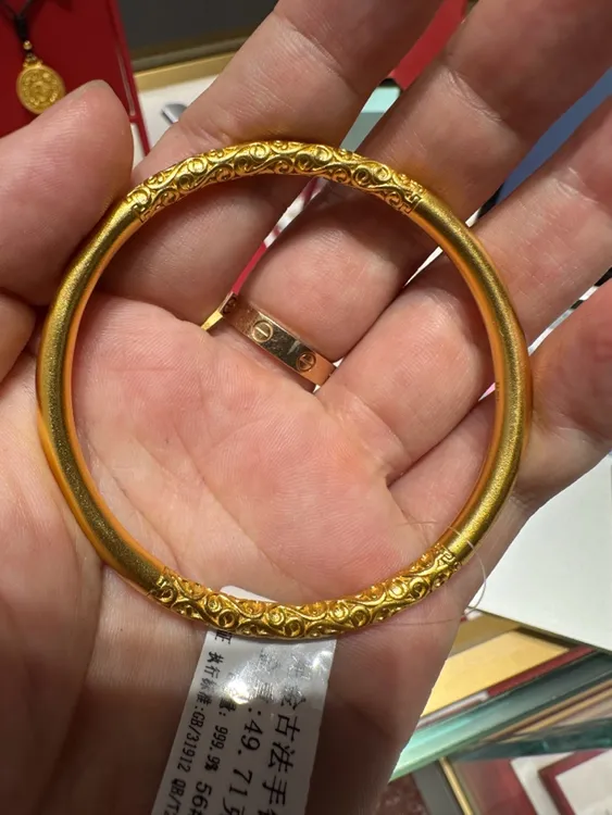 足金万足古法手工黄金卷草纹唐草纹手镯时尚素圈传承真金镯子光面