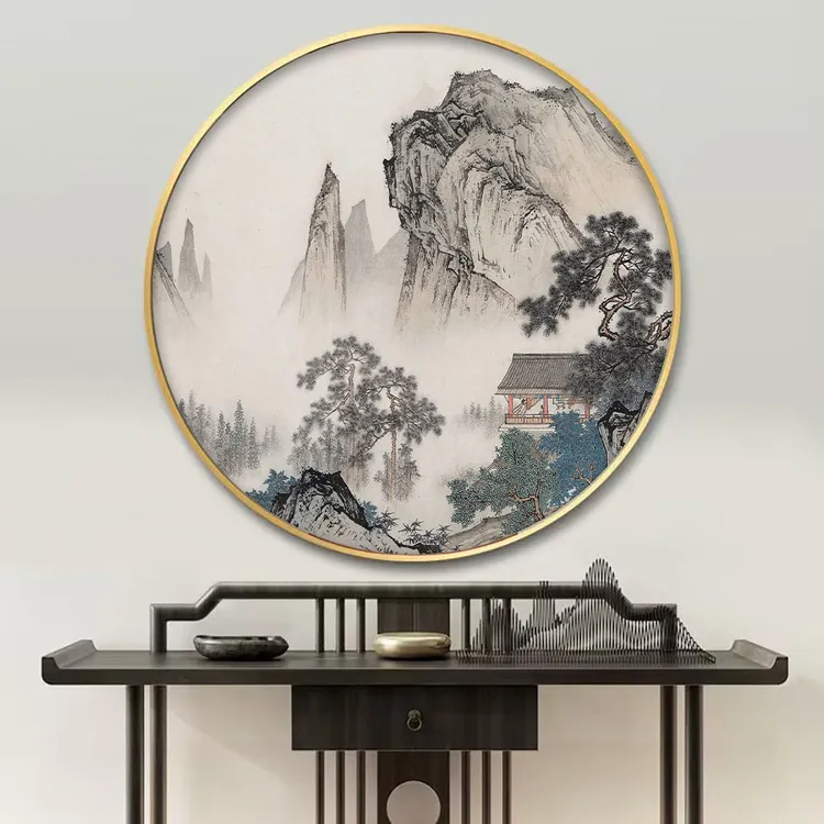 圆形玄关装饰画带LED灯新中式茶室办公客厅背景墙壁挂画山水禅意