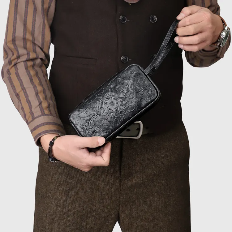 手工真皮男士手拿包大容量手抓包个性复古拉链钱包小收纳包手机包