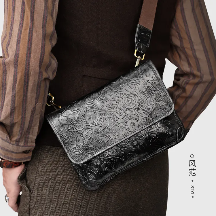 男士牛皮单肩斜跨包真皮小包包简约牛皮通勤小挎包手机包邮差包潮