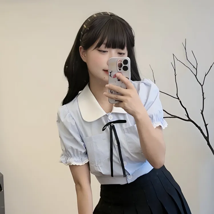 新款娃娃领短袖衬衫女甜美风显瘦小众泡泡袖法式上衣时尚短款jk