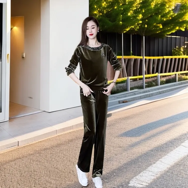 春秋季洋气时尚运动套装女气质金丝绒休闲宽松大码显瘦长袖两件套