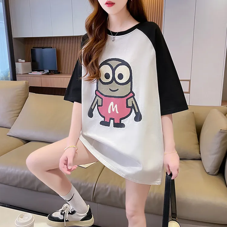 夏季纯棉大码半袖宽松时尚薄款外穿休闲卡通中长ins圆领短袖T恤女