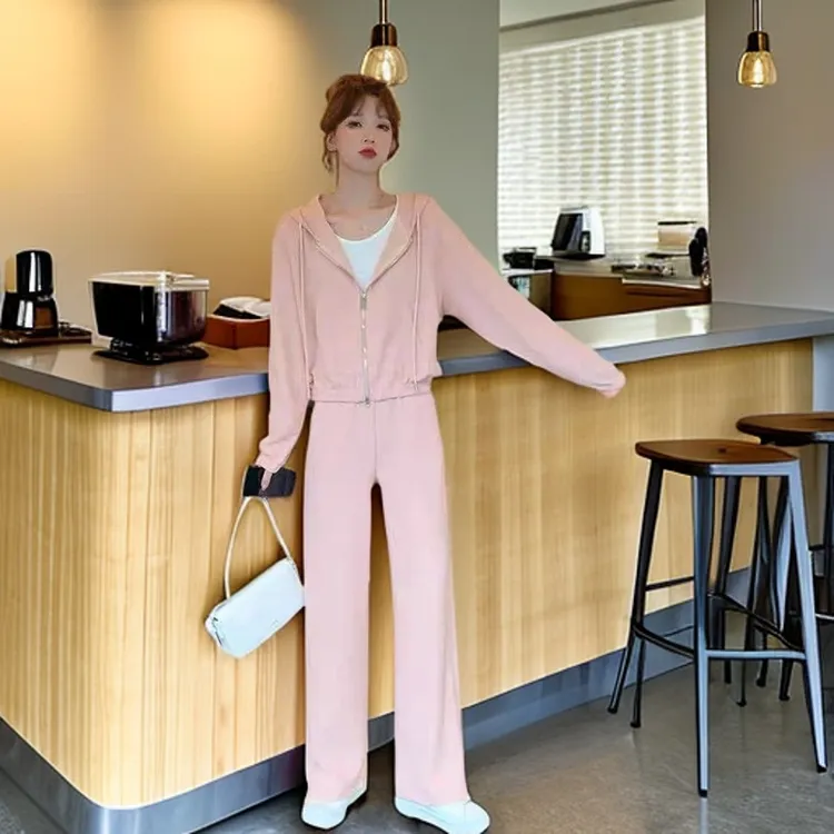 春秋季时尚休闲套装女显瘦华夫格宽松洋气减龄长袖连帽卫衣两件套