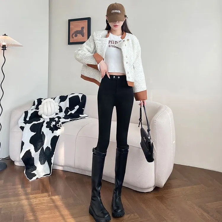 秋冬裤子女款胖mm显瘦保暖高腰外穿黑色加厚百搭修身弹力加绒长裤