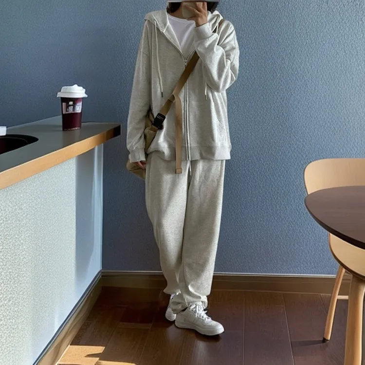 春秋季网红时尚套装女纯色简约风宽松韩版连帽休闲运动长袖两件套