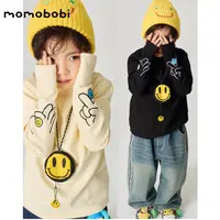 momobobi自制新款儿童打底衫韩版个性卡通手势刺绣小高领套指内搭