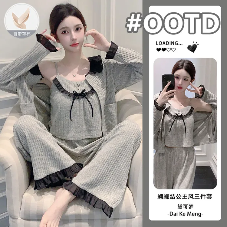 睡衣女秋冬羊蜜绒吊带长袖三件套带胸垫甜美蝴蝶结轻奢家居服外穿